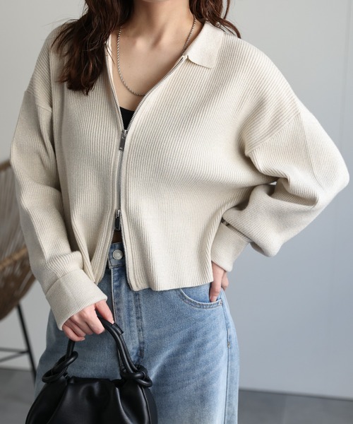 ap retro カーディガン ラメリブニットポロ襟ZIPカーディガン