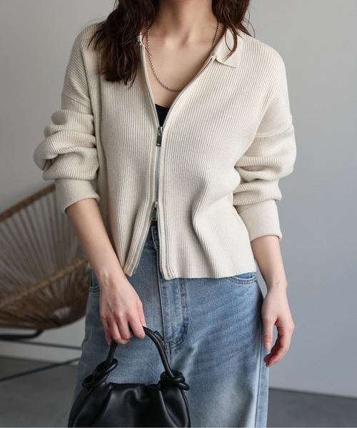 ap retro カーディガン ラメリブニットポロ襟ZIPカーディガン