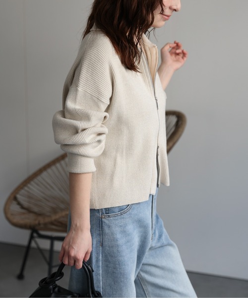 ap retro カーディガン ラメリブニットポロ襟ZIPカーディガン