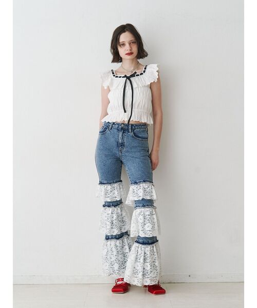 ブラウス シャツ リボンステッチフリルブラウス ビスチェ「セットアップ対応」夏服 レディース jouetie ブラウス シャツ リボンステッチフリルブラウス