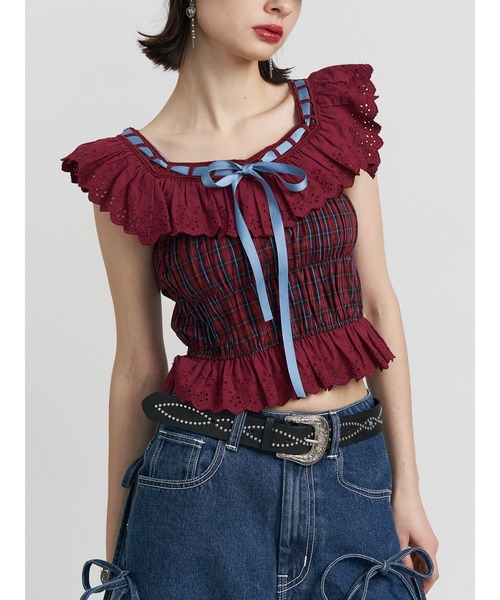 ブラウス シャツ リボンステッチフリルブラウス ビスチェ「セットアップ対応」夏服 レディース jouetie ブラウス シャツ リボンステッチフリルブラウス