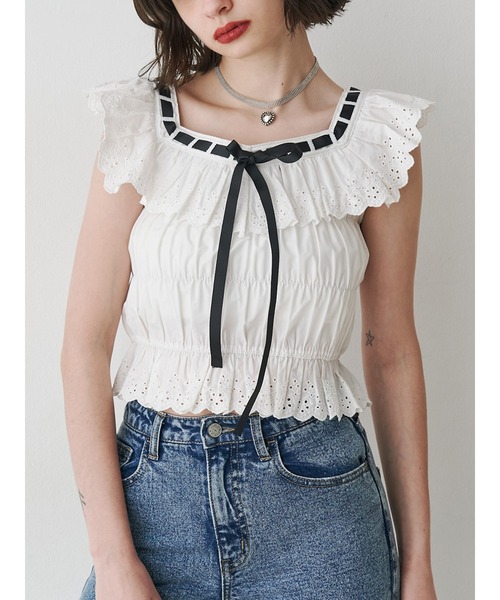 ブラウス シャツ リボンステッチフリルブラウス ビスチェ「セットアップ対応」夏服 レディース リボンステッチフリルブラウス ビスチェ【セットアップ対応