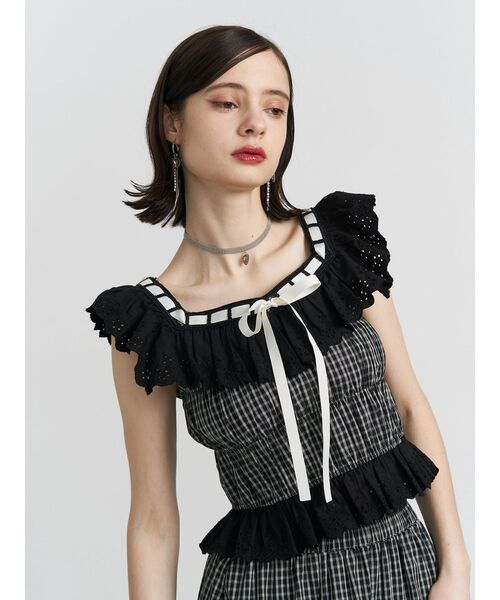 ブラウス シャツ リボンステッチフリルブラウス ビスチェ「セットアップ対応」夏服 レディース