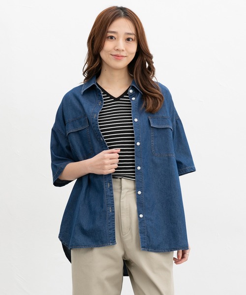 ブラウス シャツ 「接触冷感」冷感デニムクロップド半袖シャツ レディース 接触冷感]冷感デニムクロップド半袖シャツ（シャツ/ブラウス