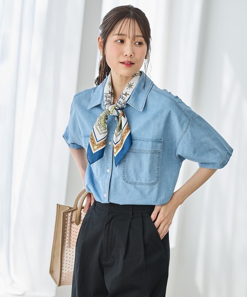ブラウス シャツ 「接触冷感」冷感デニムクロップド半袖シャツ レディース 接触冷感]冷感デニムクロップド半袖シャツ（シャツ/ブラウス