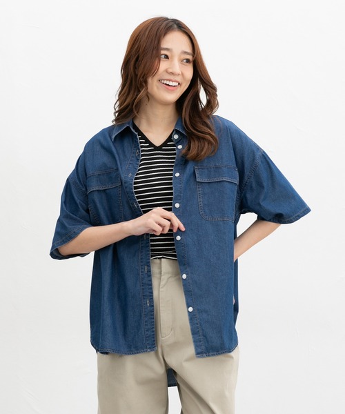 ブラウス シャツ 「接触冷感」冷感デニムクロップド半袖シャツ レディース Honeys ブラウス シャツ 「ハニさら・接触冷感」半袖デニム