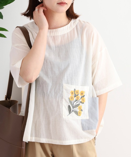 ブラウス シャツ EMAGO 多ポケット花刺繍ブラウス レディース
