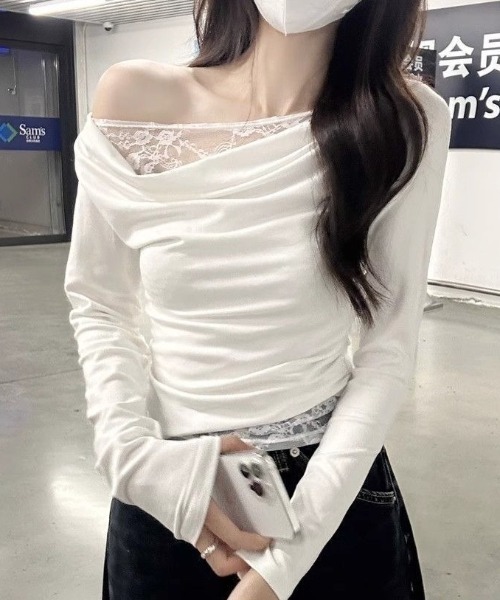tシャツ レースレイヤードワンショルダーロンT トップス 体型盛れ