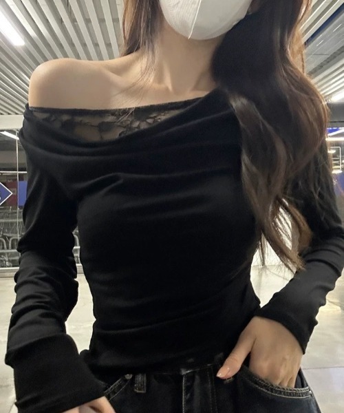 tシャツ レースレイヤードワンショルダーロンT トップス 体型盛れ
