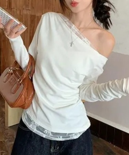 tシャツ レースレイヤードワンショルダーロンT トップス 体型盛れ