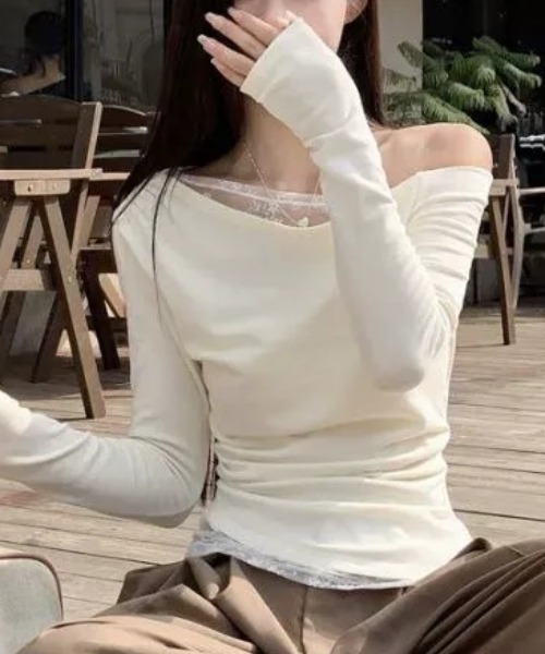 tシャツ レースレイヤードワンショルダーロンT トップス 体型盛れ