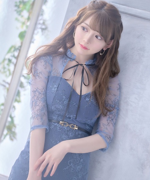 Tika ドレス キャバドレス 総レース ネックリボン 袖あり 七分袖 Tika ドレス キャバドレス 総レース ネックリボン 袖あり 七分袖