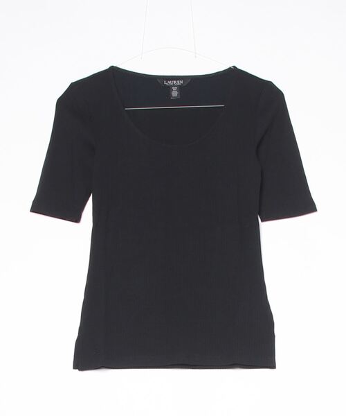 tシャツ リブニット コットンブレンド エルボースリーブ Tシャツ レディースの画像