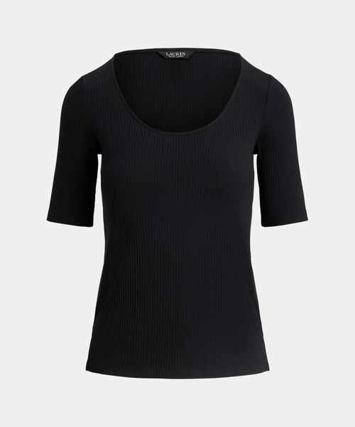 tシャツ リブニット コットンブレンド エルボースリーブ Tシャツ レディースの画像