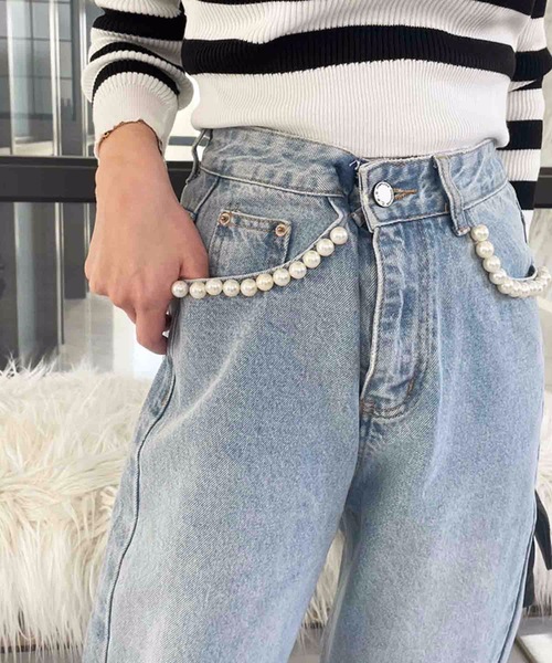 「M y u」 加工デニムパンツ L ブルー レディース