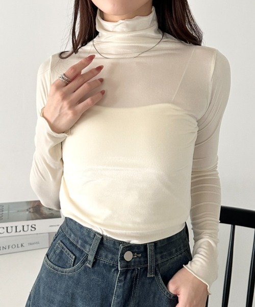 トップス c... CLEA tシャツ メロウハイネックシアーベロアトップス レディース