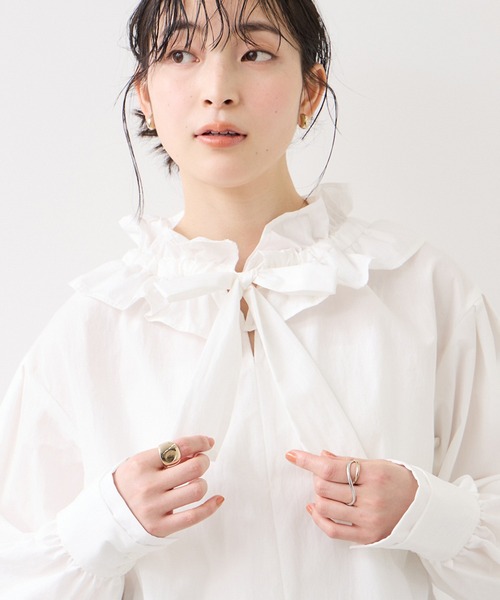 Misha & Puff フリルネックシャツ フリルネックデザインサテンワッシャーブラウス/洗える[品番