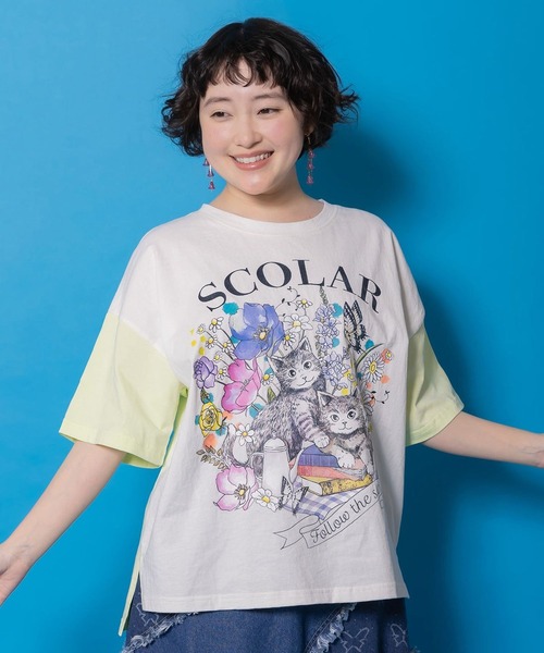 ScoLar（スカラー） tシャツ 花ネコピクニック柄配色Tシャツ