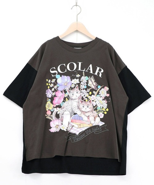 まとめ売り ScoLar スカラー ネコ×スカラーロゴTシャツ チュニック ScoLar（スカラー） tシャツ 花ネコピクニック柄配色Tシャツ