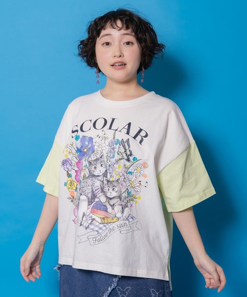 ScoLar（スカラー） tシャツ 花ネコピクニック柄配色Tシャツ