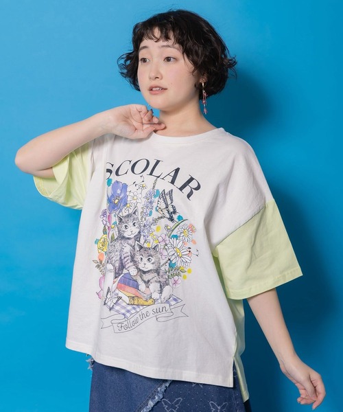 まとめ売り ScoLar スカラー ネコ×スカラーロゴTシャツ チュニック ScoLar（スカラー） tシャツ 花ネコピクニック柄配色Tシャツ
