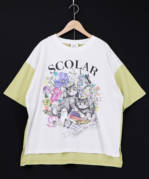 ScoLar（スカラー） tシャツ 花ネコピクニック柄配色Tシャツ