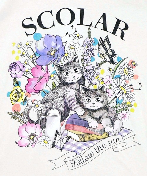 ScoLar（スカラー） tシャツ 花ネコピクニック柄配色Tシャツ