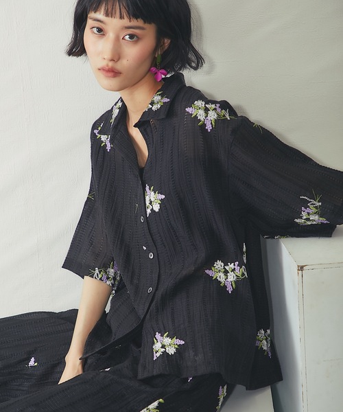 【今期アイテム】シアー花柄刺繍シャツ ブラウス シャツ 花刺繍シアーストライプスキッパーシャツ レディース