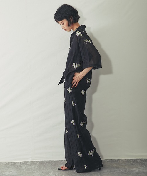 ブラウス シャツ 花刺繍シアーストライプスキッパーシャツ レディース