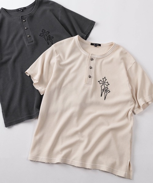 ヘンリーネック tシャツ 「82」ピグメント加工 クロスワンポイント