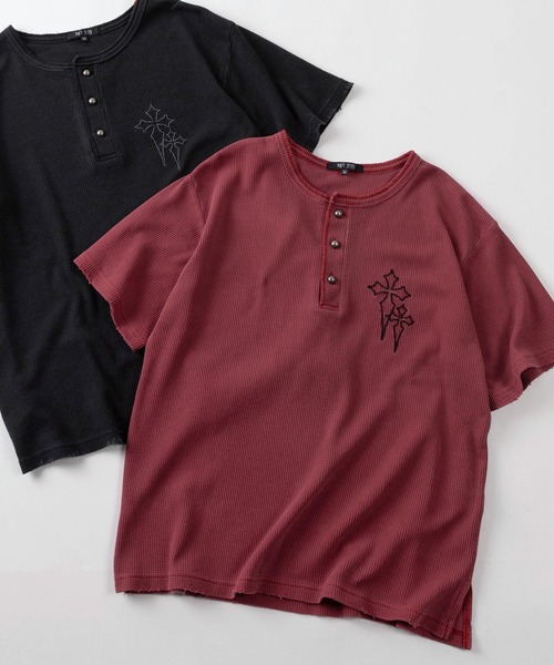 ヘンリーネック tシャツ 「82」ピグメント加工 クロスワンポイント
