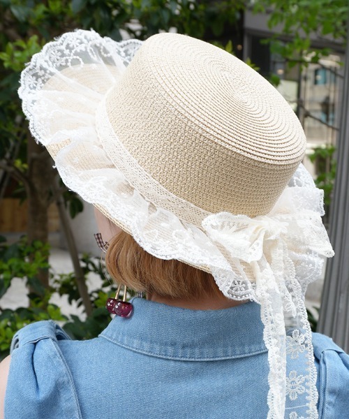 axes femme POETIQUE 帽子 ハット レースリボン付き雑材風ハット
