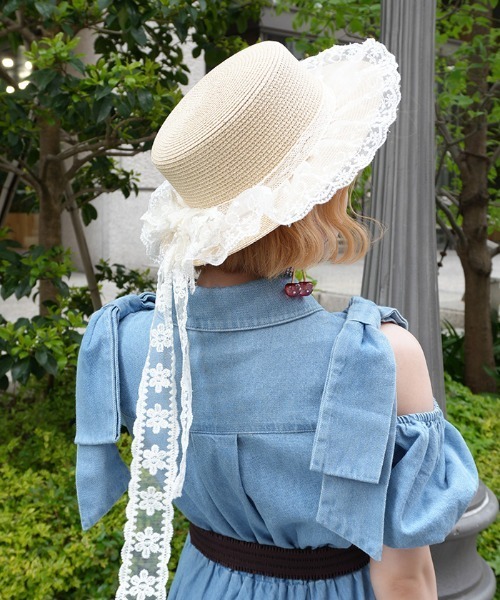 axes femme POETIQUE 帽子 ハット レースリボン付き雑材風ハット