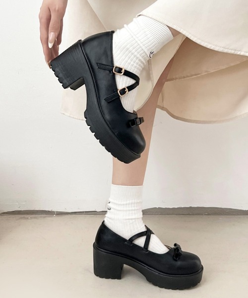 チャールズアンドキース メリージェーン ストラップ付きパンプス 厚底 リボン Shoes in Closet フォーマルシューズ 軽量厚底 ヒールアップ