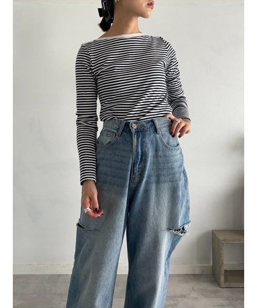 tシャツ ボートネックボーダーカットソー レディース