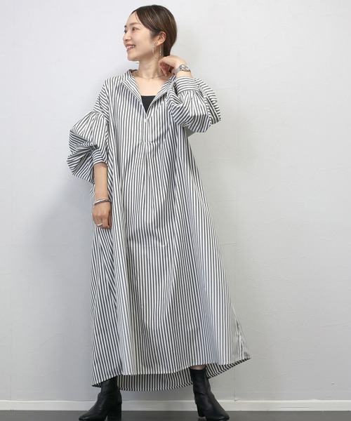 Aletta vita シャツワンピース T/Cストライプバンドカラー長袖シャツ