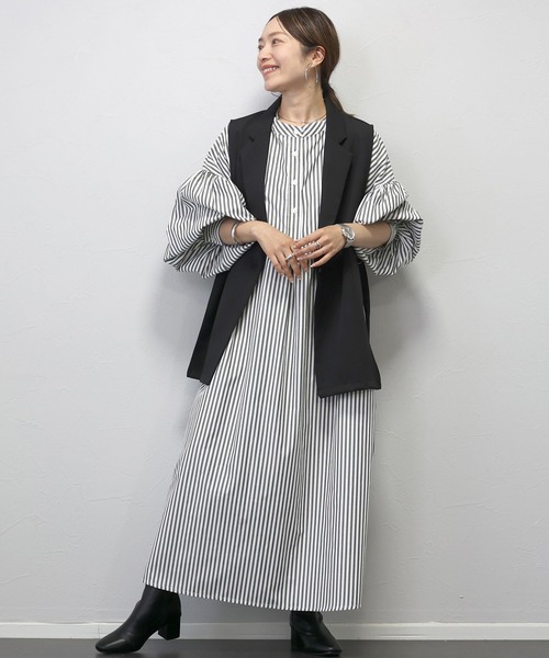 Aletta vita シャツワンピース T/Cストライプバンドカラー長袖シャツ