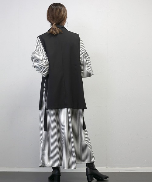 Aletta vita シャツワンピース T/Cストライプバンドカラー長袖シャツ