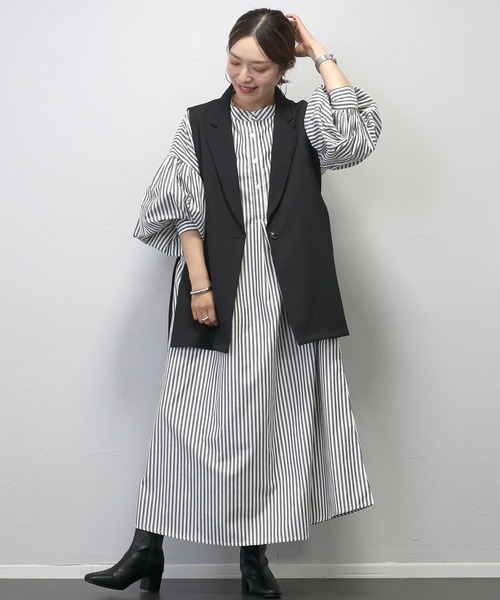 Aletta vita シャツワンピース T/Cストライプバンドカラー長袖シャツ
