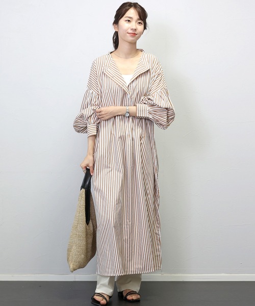 Aletta vita シャツワンピース T/Cストライプバンドカラー長袖シャツ