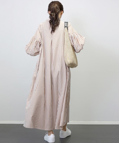 Aletta vita シャツワンピース T/Cストライプバンドカラー長袖シャツ