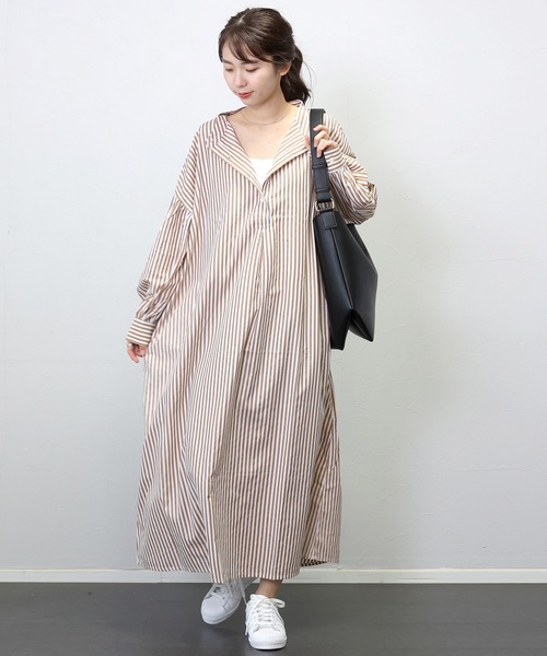 Aletta vita シャツワンピース T/Cストライプバンドカラー長袖シャツ