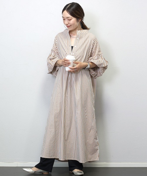 Aletta vita シャツワンピース T/Cストライプバンドカラー長袖シャツ