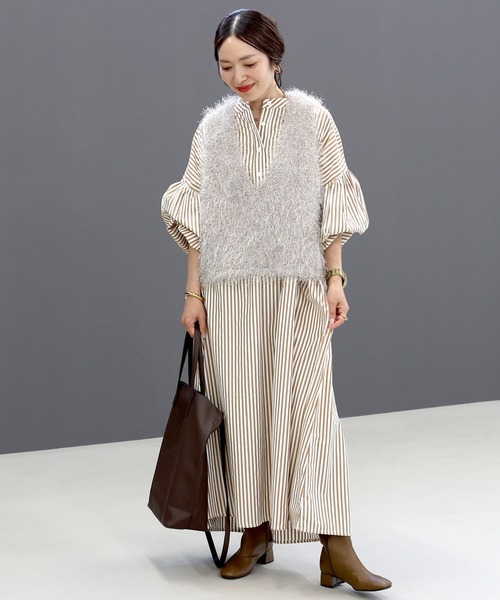 Aletta vita シャツワンピース T/Cストライプバンドカラー長袖シャツ
