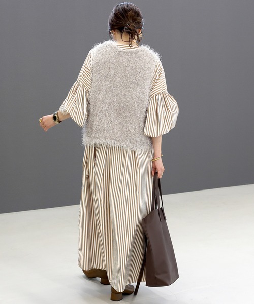 Aletta vita シャツワンピース T/Cストライプバンドカラー長袖シャツ
