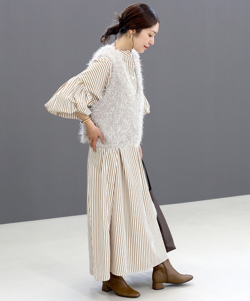 Aletta vita シャツワンピース T/Cストライプバンドカラー長袖シャツ