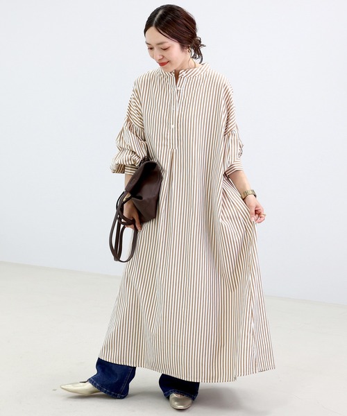 Aletta vita シャツワンピース T/Cストライプバンドカラー長袖シャツ