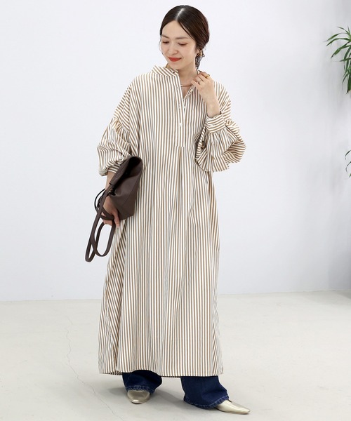 コットンハウスアヤ　製品染めバンドカラーシャツワンピース Aletta vita シャツワンピース T/Cストライプバンドカラー長袖シャツ