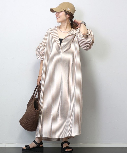 Aletta vita シャツワンピース T/Cストライプバンドカラー長袖シャツ