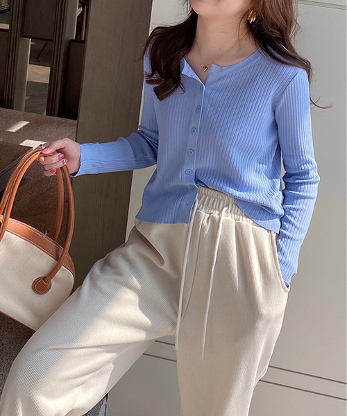 BLANC FICELLE カーディガン ショート丈 リブニット 薄手 カーディガン